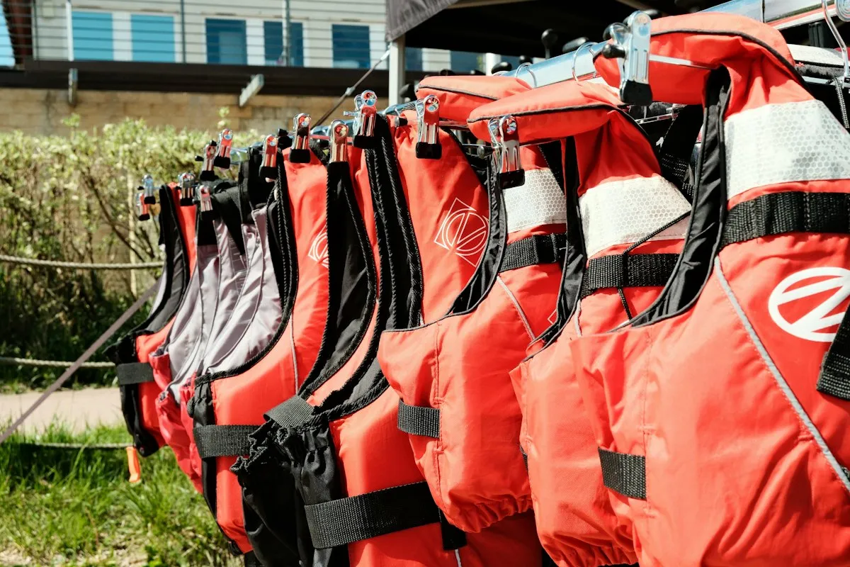 Rangée de gilets de sauvetage orange suspendus près d'un plan d'eau